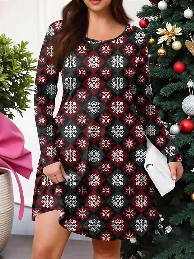 بالإضافة إلى حجم شجرة عيد الميلاد ندفة الثلج 3D طباعة فساتين الشتاء أزياء المرأة طويلة الأكمام جولة الرقبة فستان فضفاض عارضة أحجام كبيرة #4