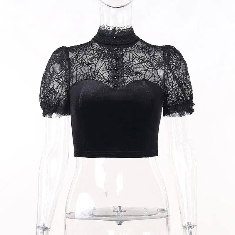 T-Shirts Goth Lace Mesh Short Sleeves Y2K Vintage Aesthetic Sexy See Through Black Corset Crop Tops Women Summer Tees