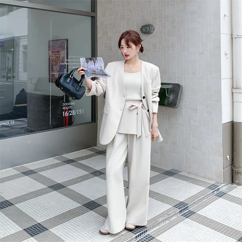 

SuperAen Korean Style Women Spring and Autumn 2026 New V-neck Blazer Casual Long Wide-leg Pants Sets