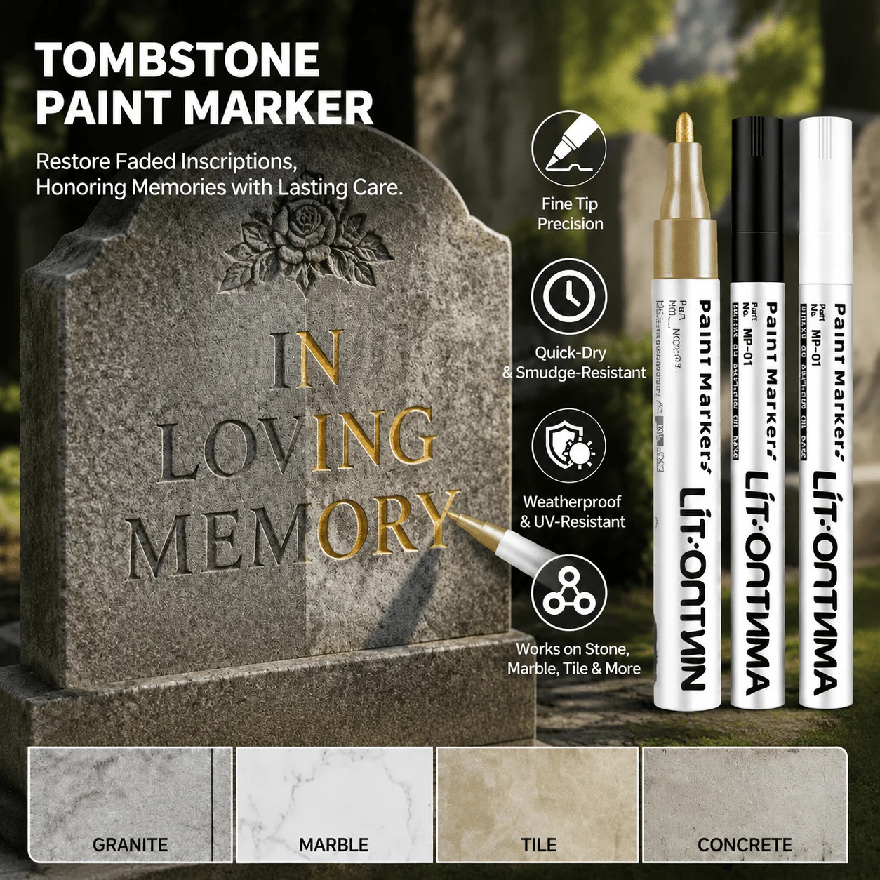 3 Pack Permanent Tombstone Markers Quick Dry Weather Resistant Fine Tip Oil Marker For Gravestone Marble Stone Letter Repair Cem