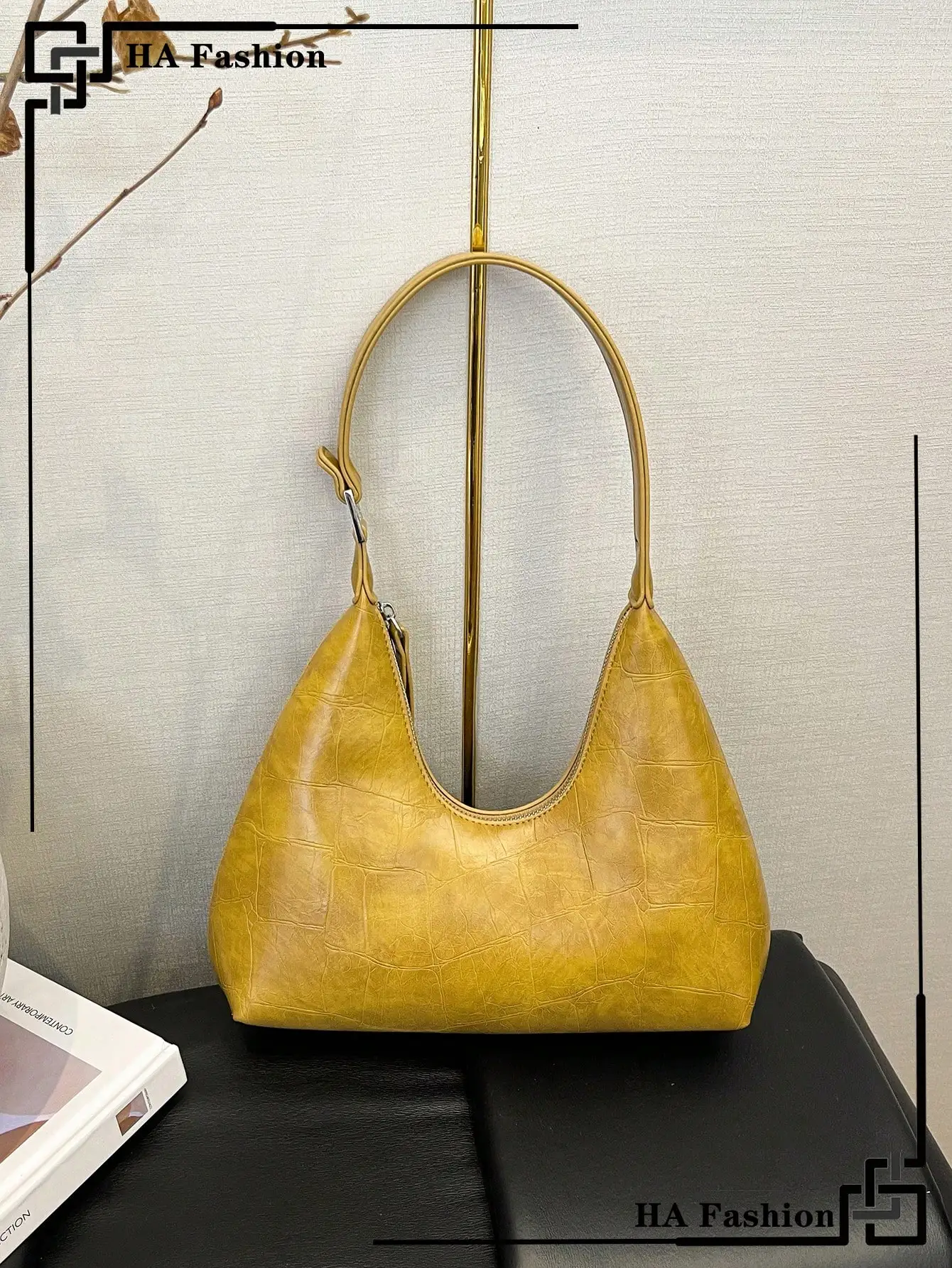 

Mustard Croc-Embossed Crescent Shoulder Bag for Daily Wear