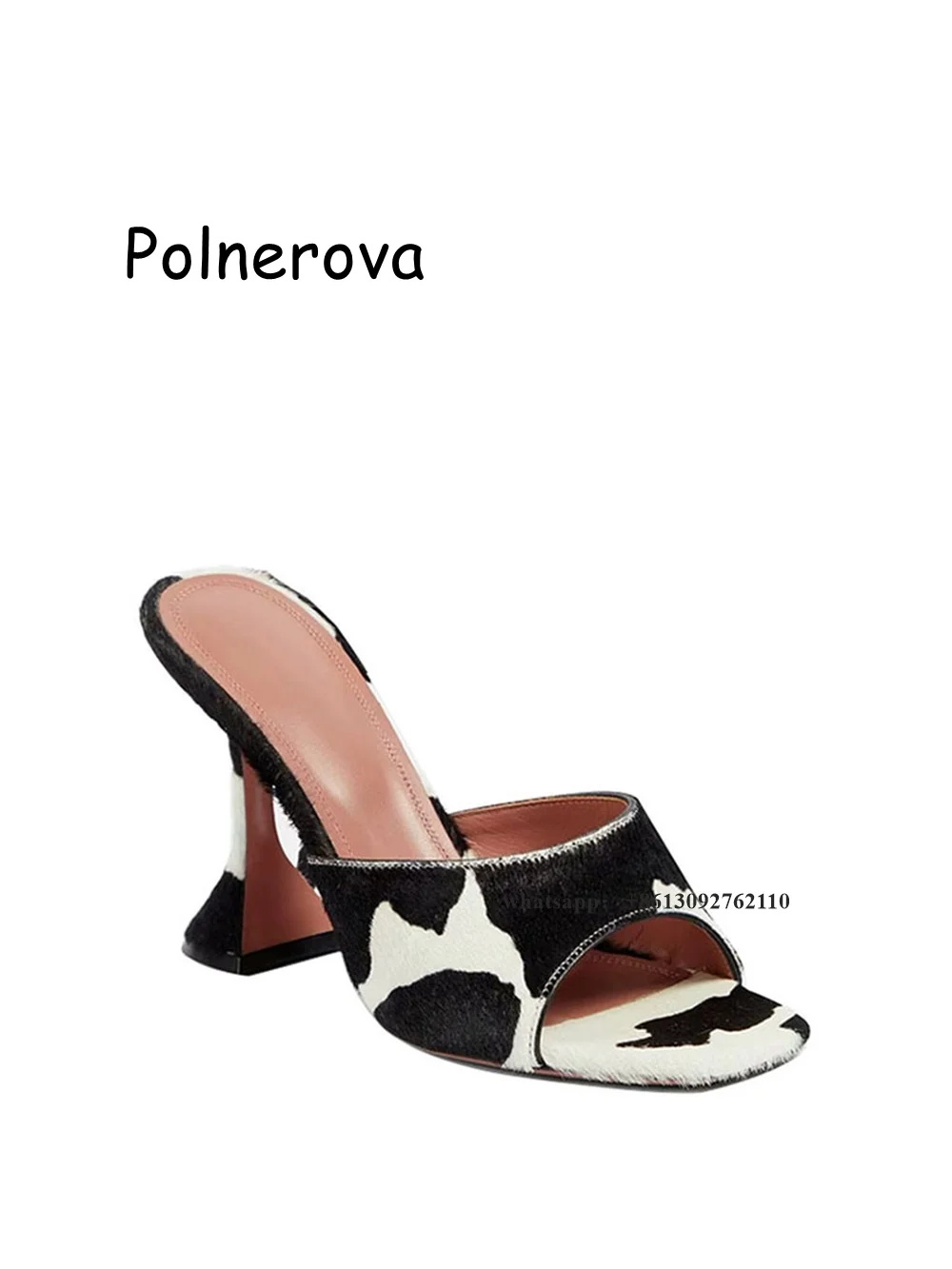 Pantofole in crine di cavallo con stampa mucca tacco in vetro scarpe da donna stile strano cintura con una parola punta aperta colori misti