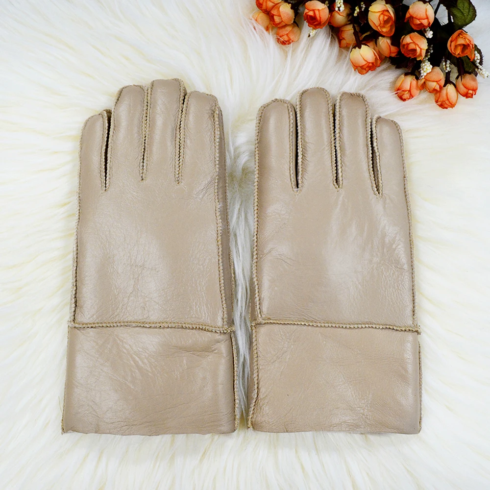 Classic Solid Color Winter Warm Sheepskin Fur Gloves Men Thickened Outdoor Motorcycle Riding Windproof And Leather Fur Gloves