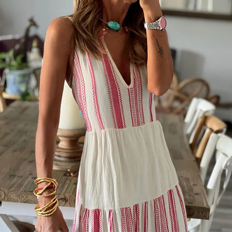 BAMBOOBOY Pink Striped Patchwork White Sleeveless Long Dresses for Women High Waist V-Neck Summer A-Line Casual Beach Sundress