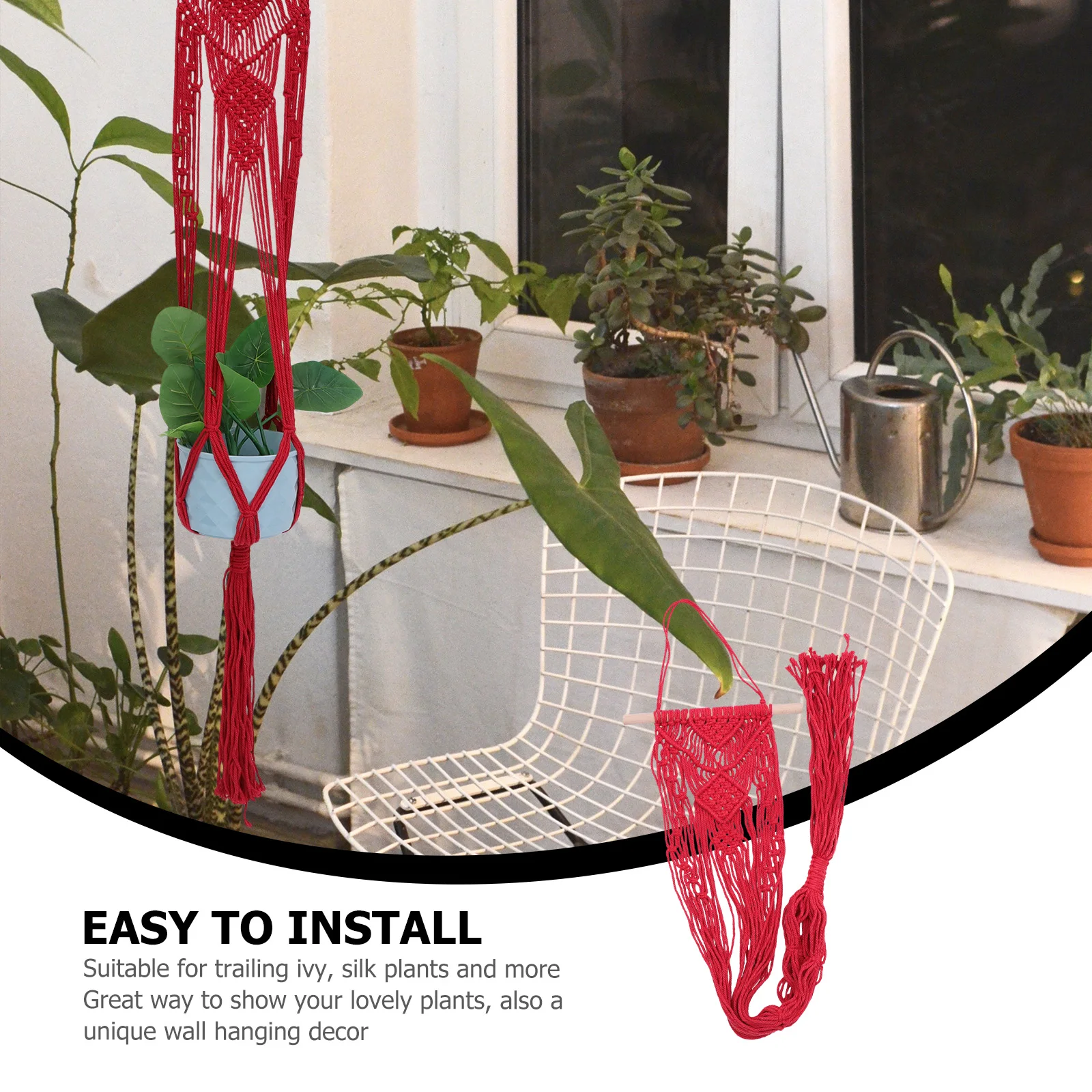 Corda di cotone Vaso da fiori Borsa a rete Fioriera sospesa Cesto H Tessuto Durevole Porta piante da interno Rosso Decorazione da giardinaggio per bambini Ecologico