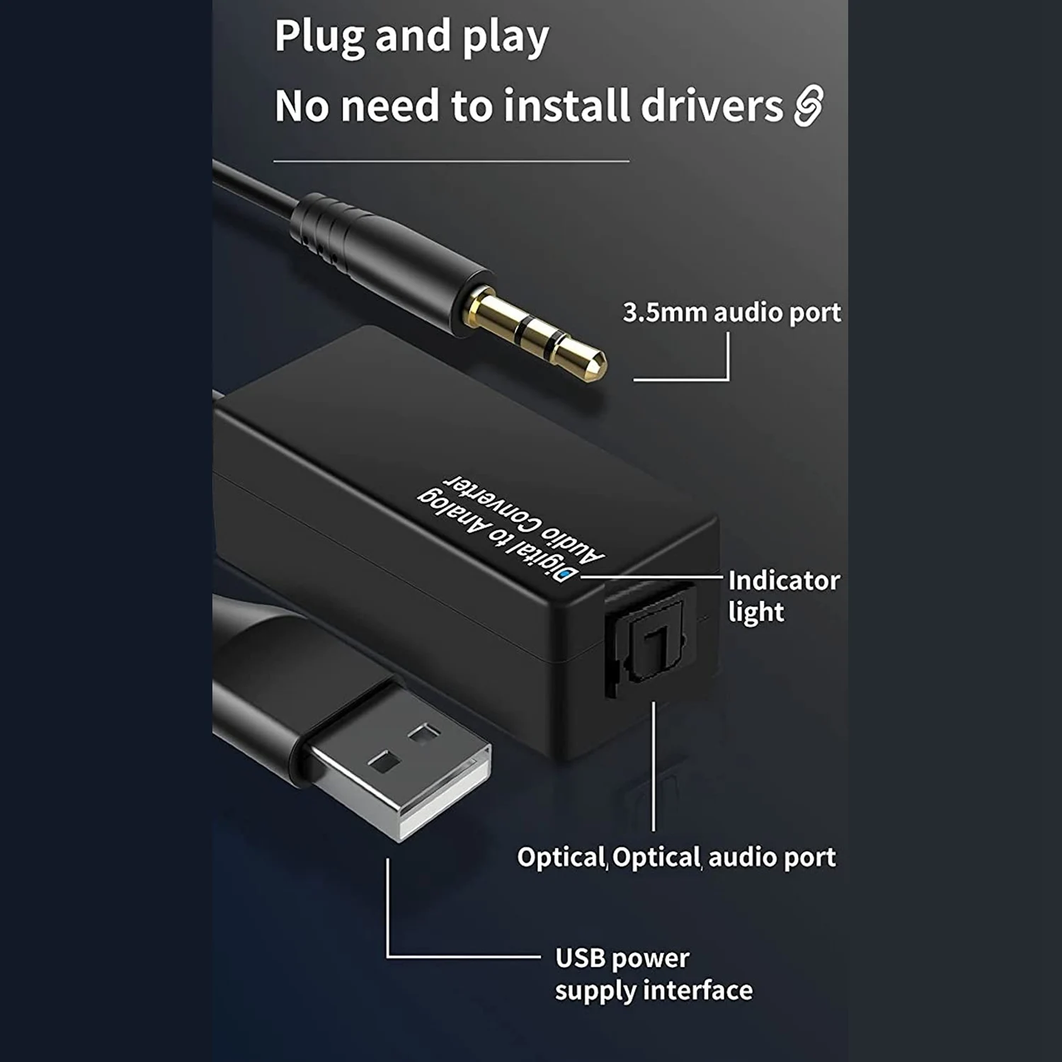 192KHz Digital to Analog Audio Converter ,DAC Digital Optical Toslink to Analog 3.5mm Jack Audio Cable Adapter