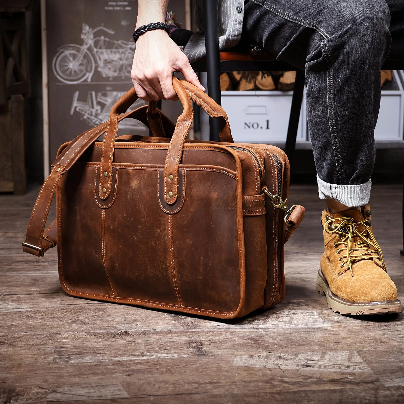 S.WORKER Neues Design Vintage Echtleder Herren-Aktentasche Laptop-Tasche Große Kapazität Rindsleder Business-Tragetasche Handtasche für Männer – Detail 4