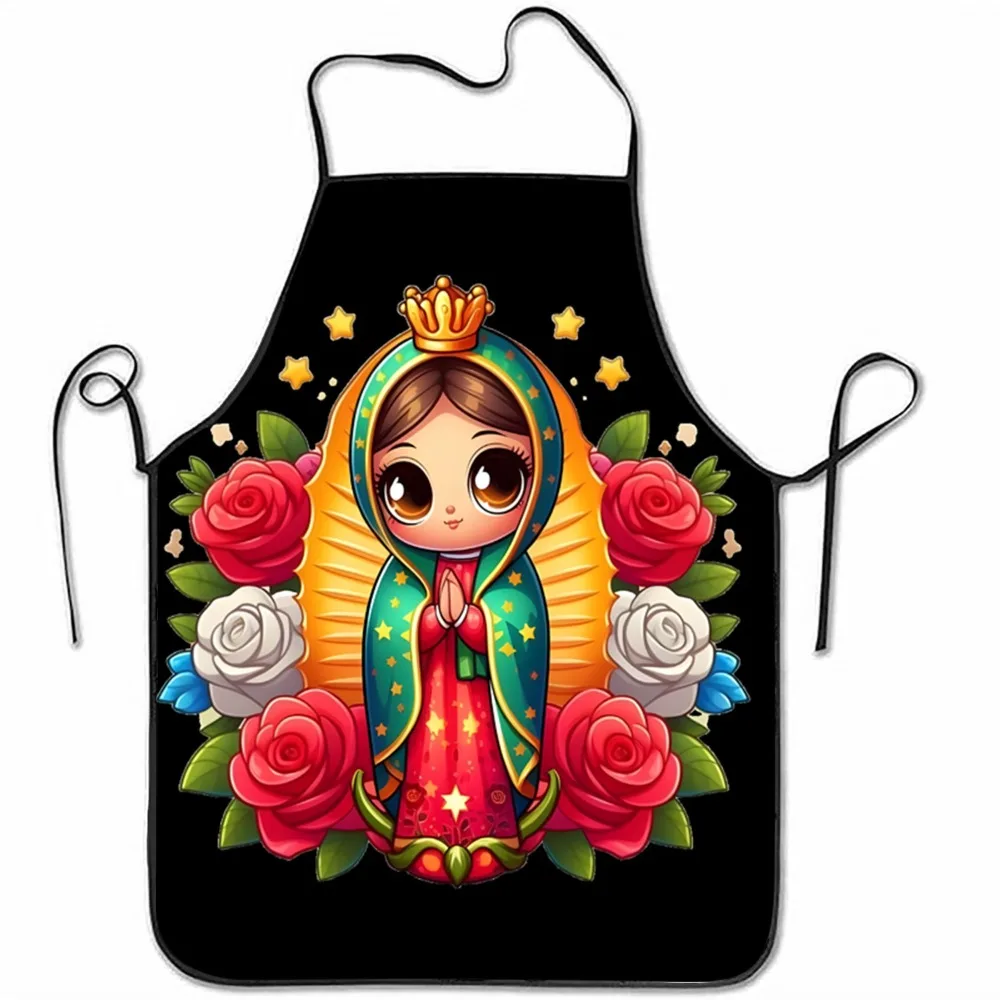 Virgin Mary Guadalupe Apron, Religious Catholic Art Graphic Cooking Bib, Roses and Stars Design, Faith Gift for Mom
