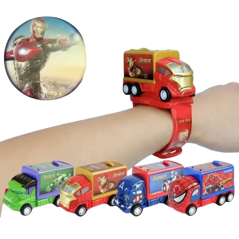 Hasbro Marvel Spider-Man Iron Man Hulk Captain America Cartoon Car Projection Watch Creative Handsome Pull Back Car Boy Watch