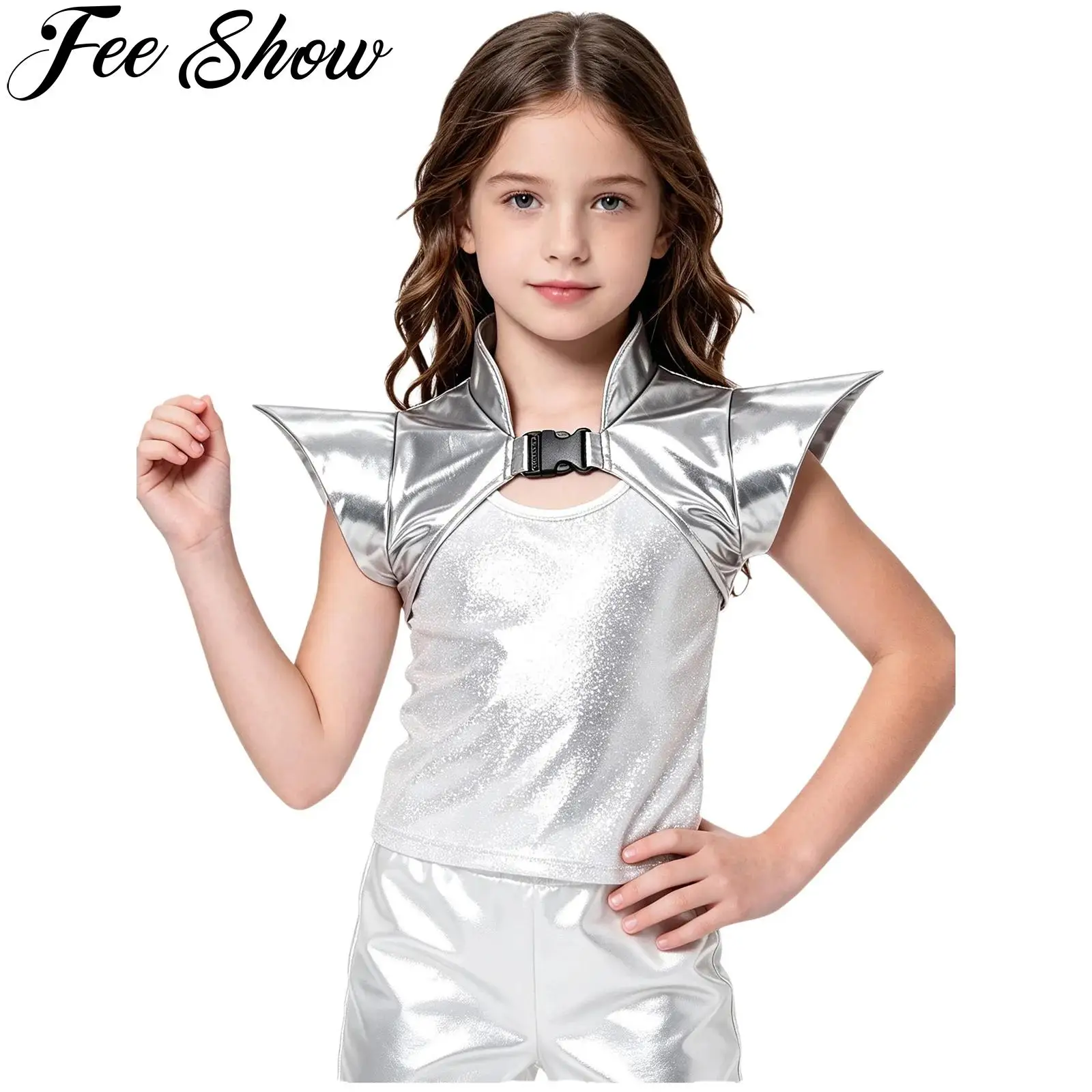 Kids Girls Metallic Gothic Shrug Shoulder Armor Open Front Crop Top Shiny Epaulet Pauldron Armour for Halloween Steampunk Party
