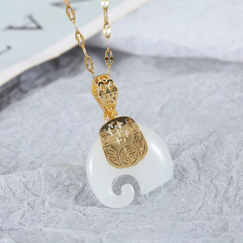 2023 Vintage White Hetian Jade Elephant Pendant 18K Gold Plated Chain Necklace Stainless Steel Sapphire Choker Jewelry for Women