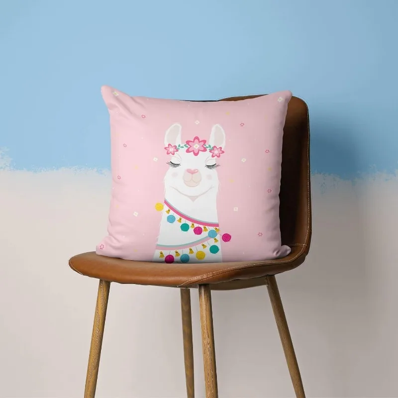 Decorative Throw Pillow Cover Square  Cute Cartoon Llama Pink  Drawing Funny Girl Greeting Love Home Decor Zippered Pillowcase