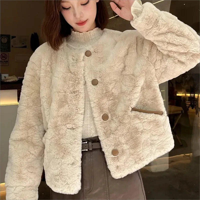 

O Neck Faux Fur Coat Women 2023 Fashion Casual Oversized Outerwear Fall Winter Thicken Warm Pockets Button Down Jakcet