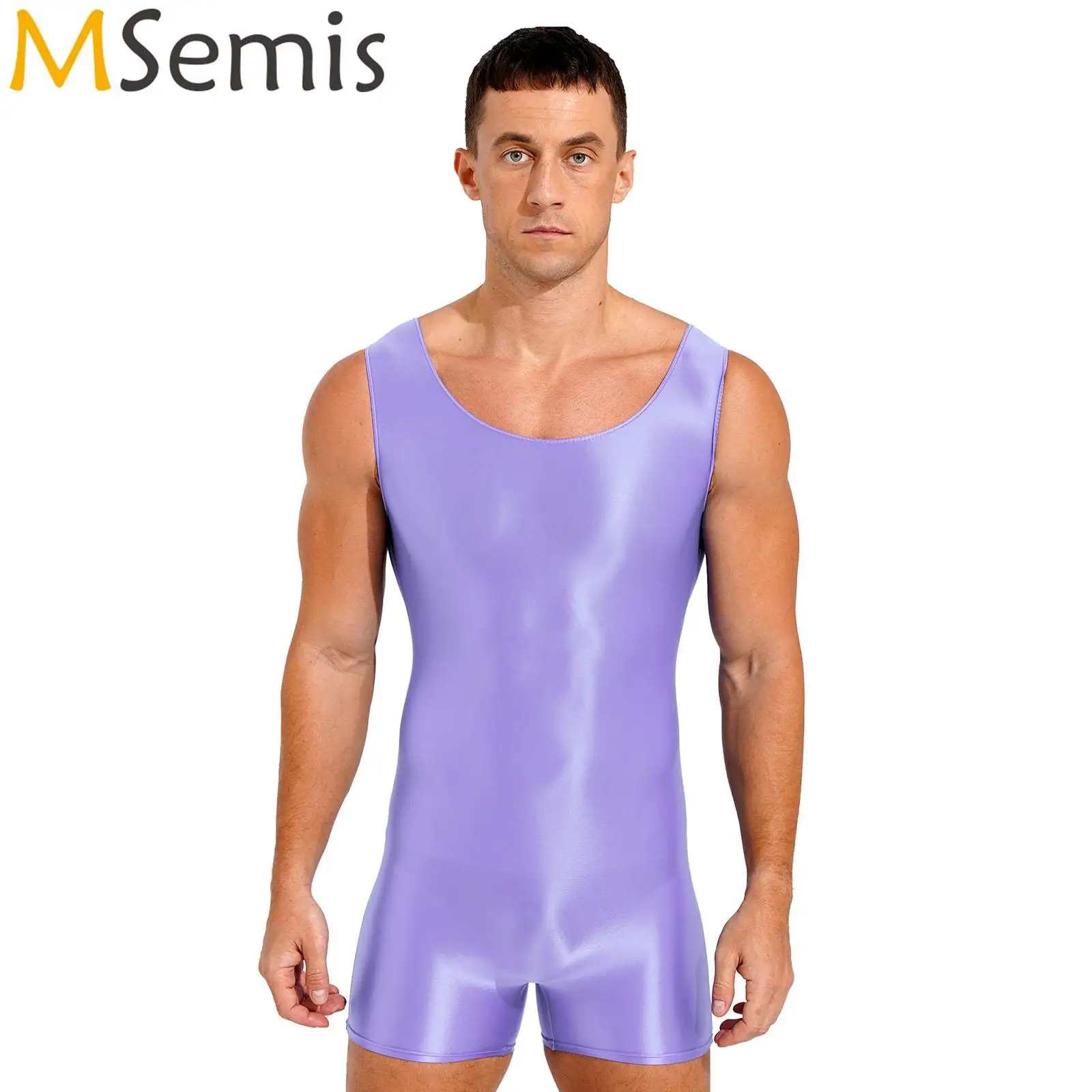 Mens Solid Color Swimsuit One Piece Swimwear Fitness Glossy Oilly Shiny Sleeveless U Neck Tank Leotard Swim Bodysuit Jumpsuit