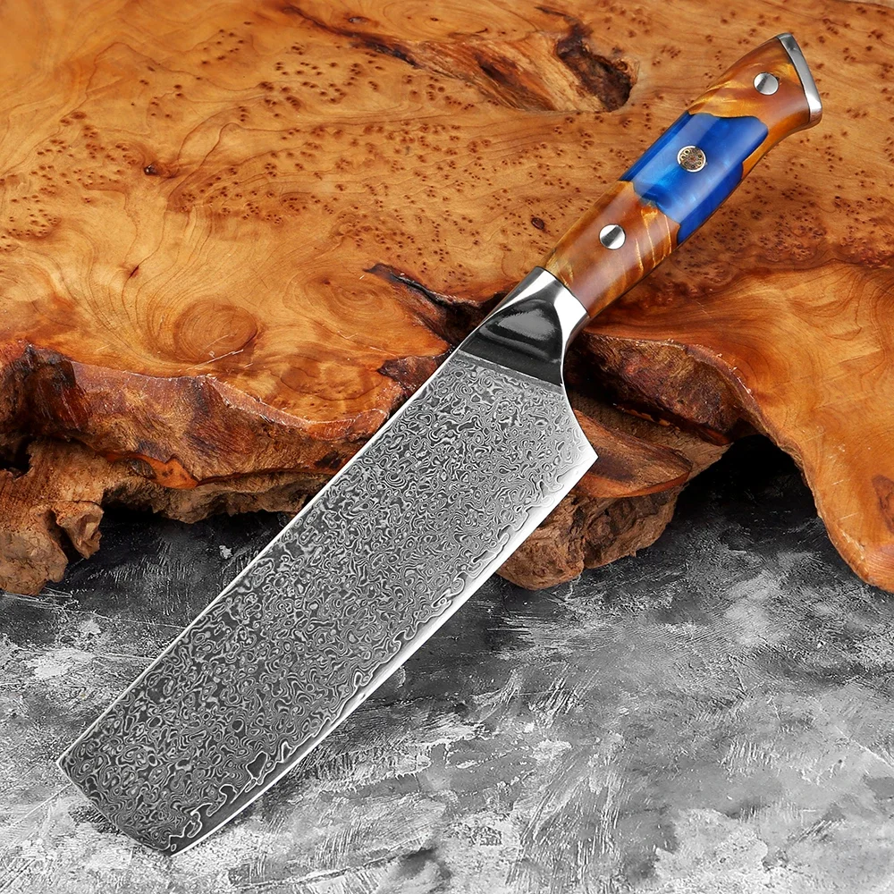 Handcrafted Damascus Steel Nakiri Knife Premium Japanese Chef's Knife Sushi and Salmon Knife Resin-Stabilized Wood Handle