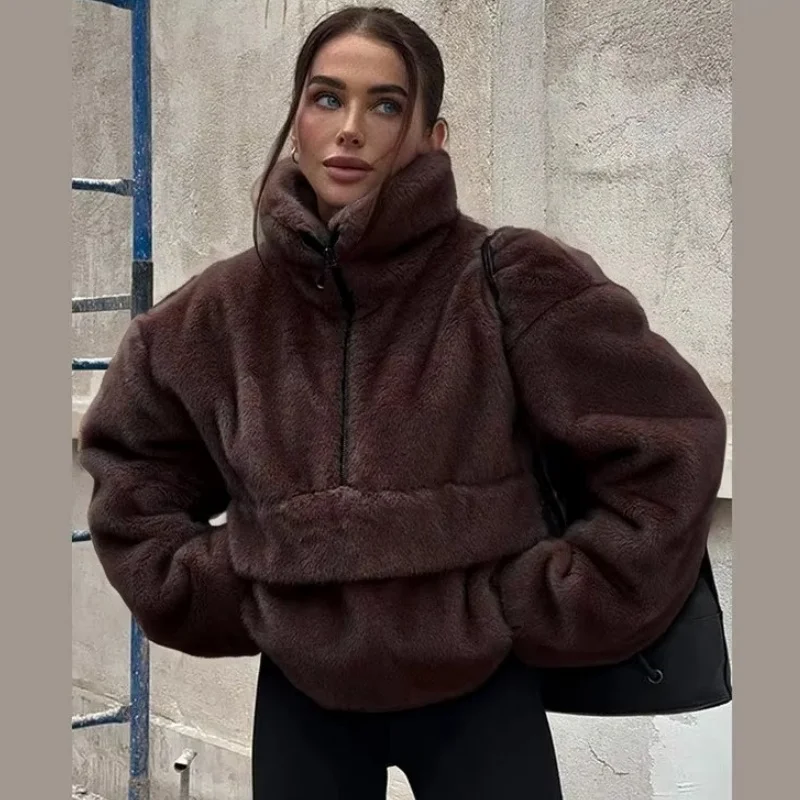 Women Faux Fur Half Zip Long Sleeve Jacket Lady Loose Stand Collar Wide Sleeve Warm Plush Winter Fashion Casual Outerwear