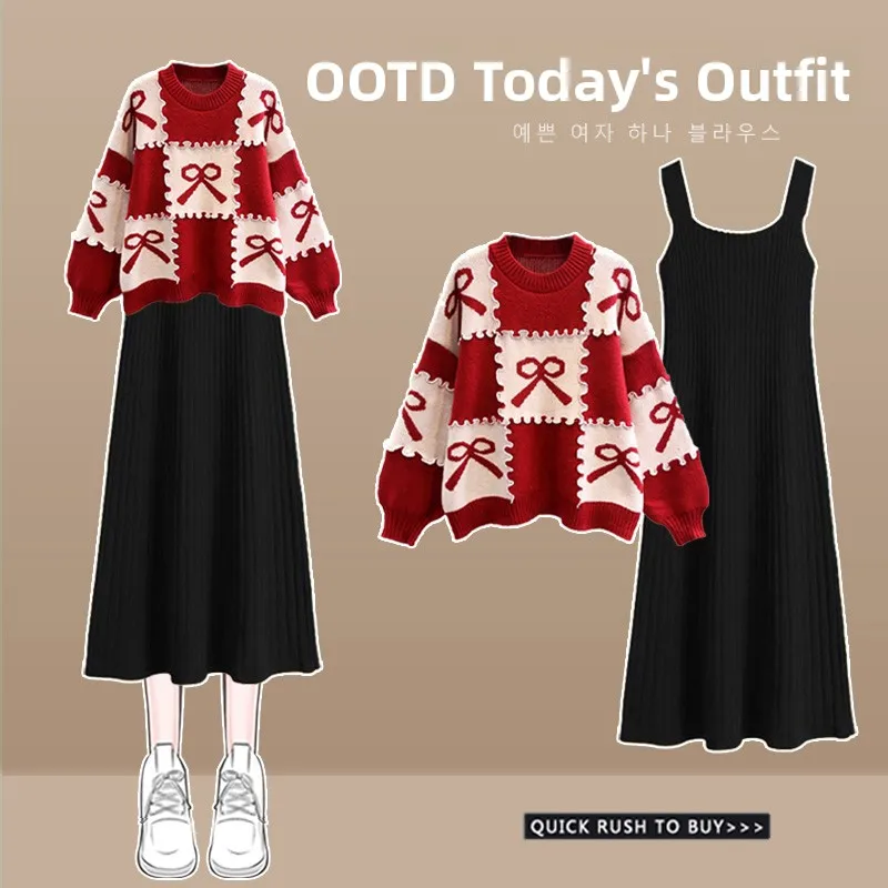 

plus Size Winter Faion Set for Plump Women Conceal Meat Skirt Red Top Dr Sister Fat Micro Fat Clothing High Waist A-Line...