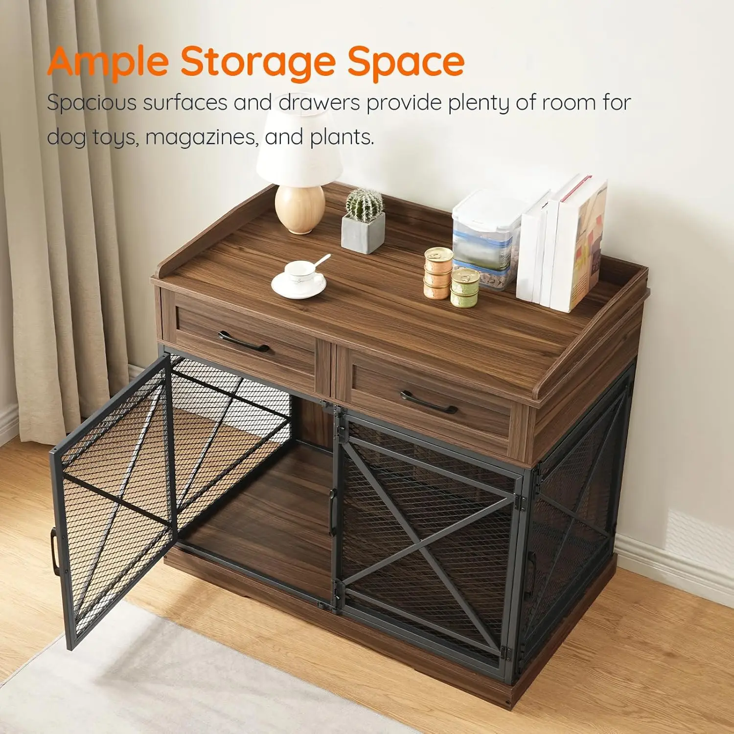 أثاث قفص للكلاب شديد التحمل، بيت للكلاب مقاس 39.4 بوصة مع أدراج، وطاولة جانبية داخلية لقفص الكلاب الخشبي للكلاب المتوسطة والكبيرة