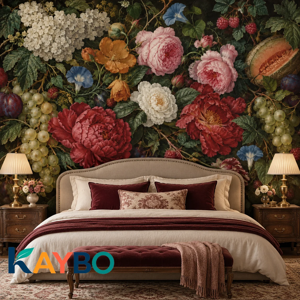 Floral Wallpaper Mural, Vintage Botanical Garden Wall Decor, Romantic Peonies Roses Fruit, Old European Style, Non Self Adhesive