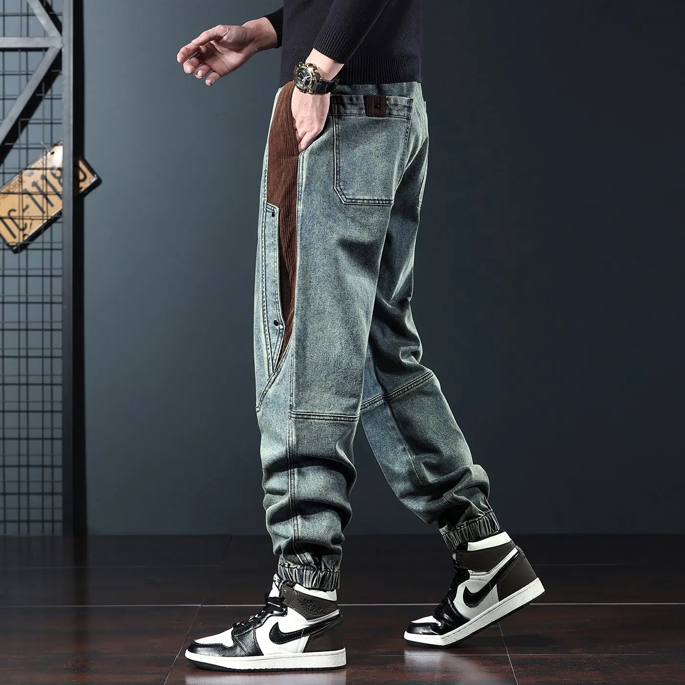 

Ретро-джинсы в американском стиле с декоративными вставками и шнурком, свободного кроя, мужские, весенняя новинка, повседневные, дышащие, износостойкие, для подростков и молодежи