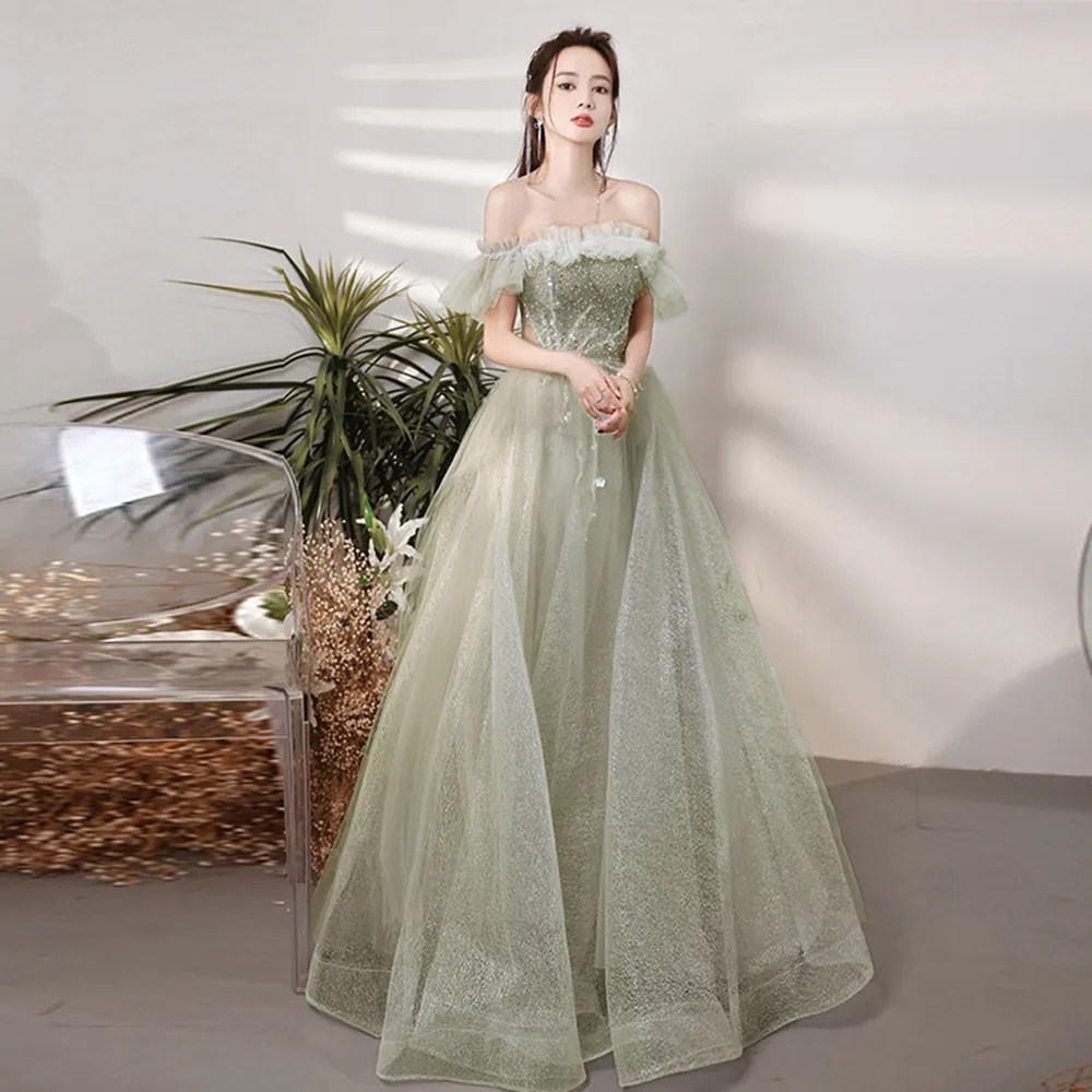 Robe de soirée longue perlée vert clair pour femme, col bateau, ligne A, dos appliqué, robe de Rhsexy, style à lacets éducatif