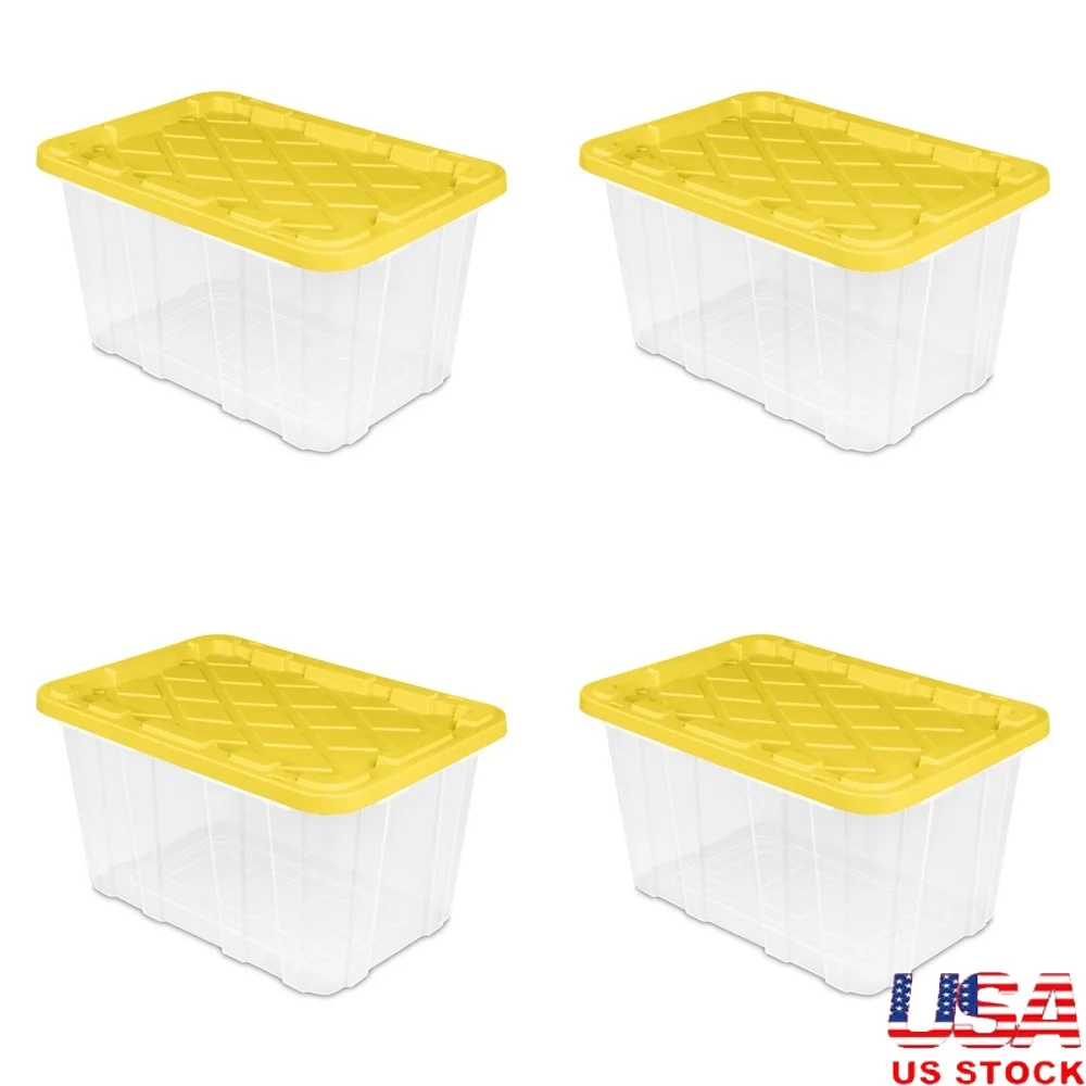 

27 Gallon Industrial Storage Bin Heavy Duty Clear Plastic Box Snap-on Lid Stackable Durable with Comfort Handles 4 Pack