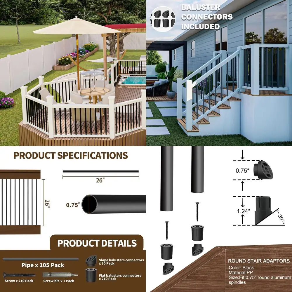 

26 Aluminum Deck Balusters, 3/4 Round Spindles with Connectors and Screws, Hollow Metal for Railing, Fencing, and Porch, Black S