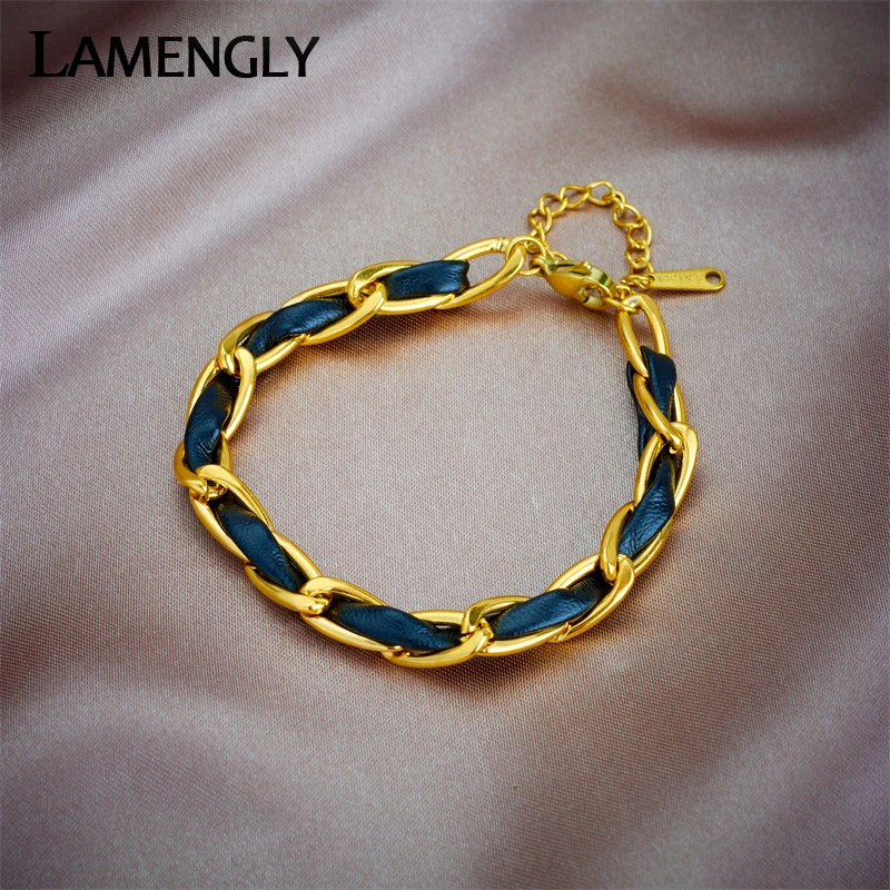 LAMENGLY 316L Stainless Steel Link Leather Chain Bracelet For Women New Trendy No-fading Bangles Hip Hop Jewelry Gifts Pulseira