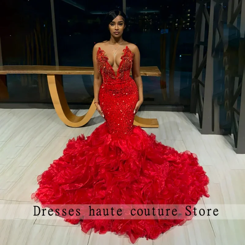 Robes de bal sirène longues rouges de luxe pour filles noires, Sexy, glands en cristal, robes de soirée d'anniversaire personnalisées, 2025