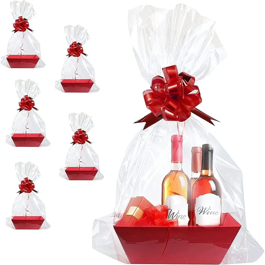 

5PK Large Red Baskets For Gifts Empty To Fill Bulk Gift Basket Kit 10x12 Big Basket 5 Cellophane Bags 5 Pack Red Pull Bows