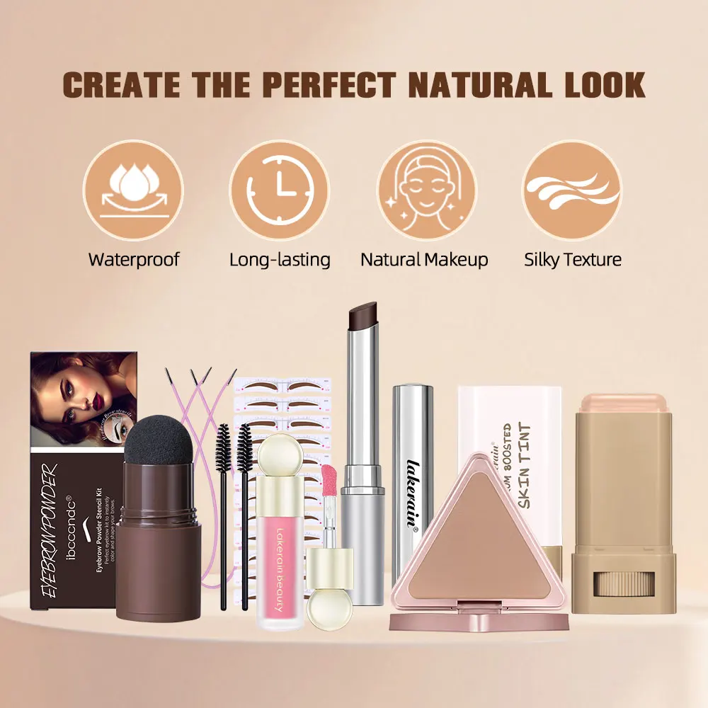 Ensemble de maquillage pour débutant, bâton de rouge à lèvres hydratant au miel, fond de teint, baume, sérum, liquide léger, Blush, Kit de poudre de Bronze mat