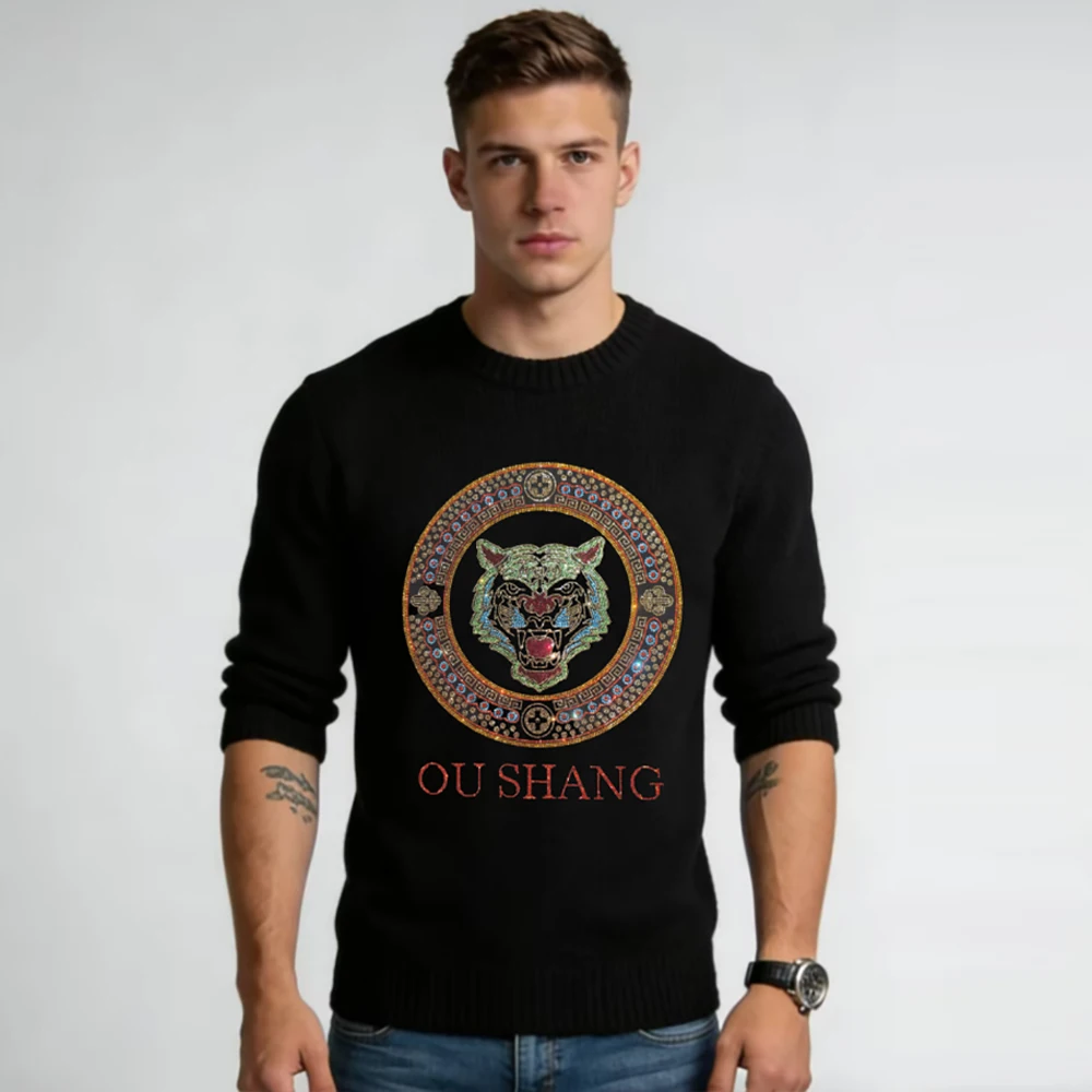 Men Rhinestone Crew Neck Knitted Sweater Luxury Autumn Winter Pullover Soft Warm Long Sleeve Jumper Male Daily Casual Street Clo