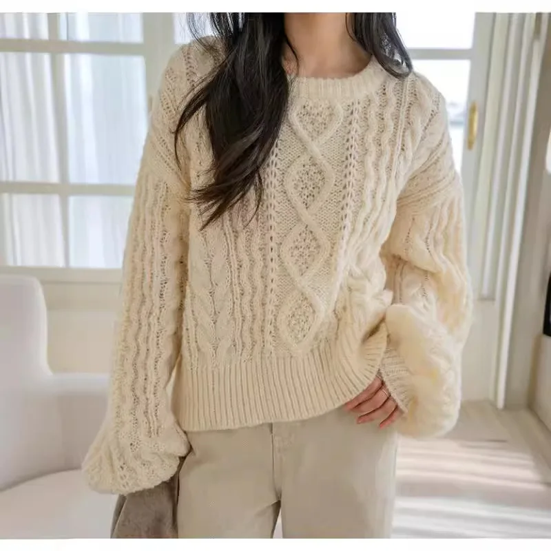 Fried Dough Twists O-Neck Lantern Sleeve Knitted Women's New Splicing Gentle Wind Lazy Loose Sweet Soft Waxy Long Sleeve Sweater