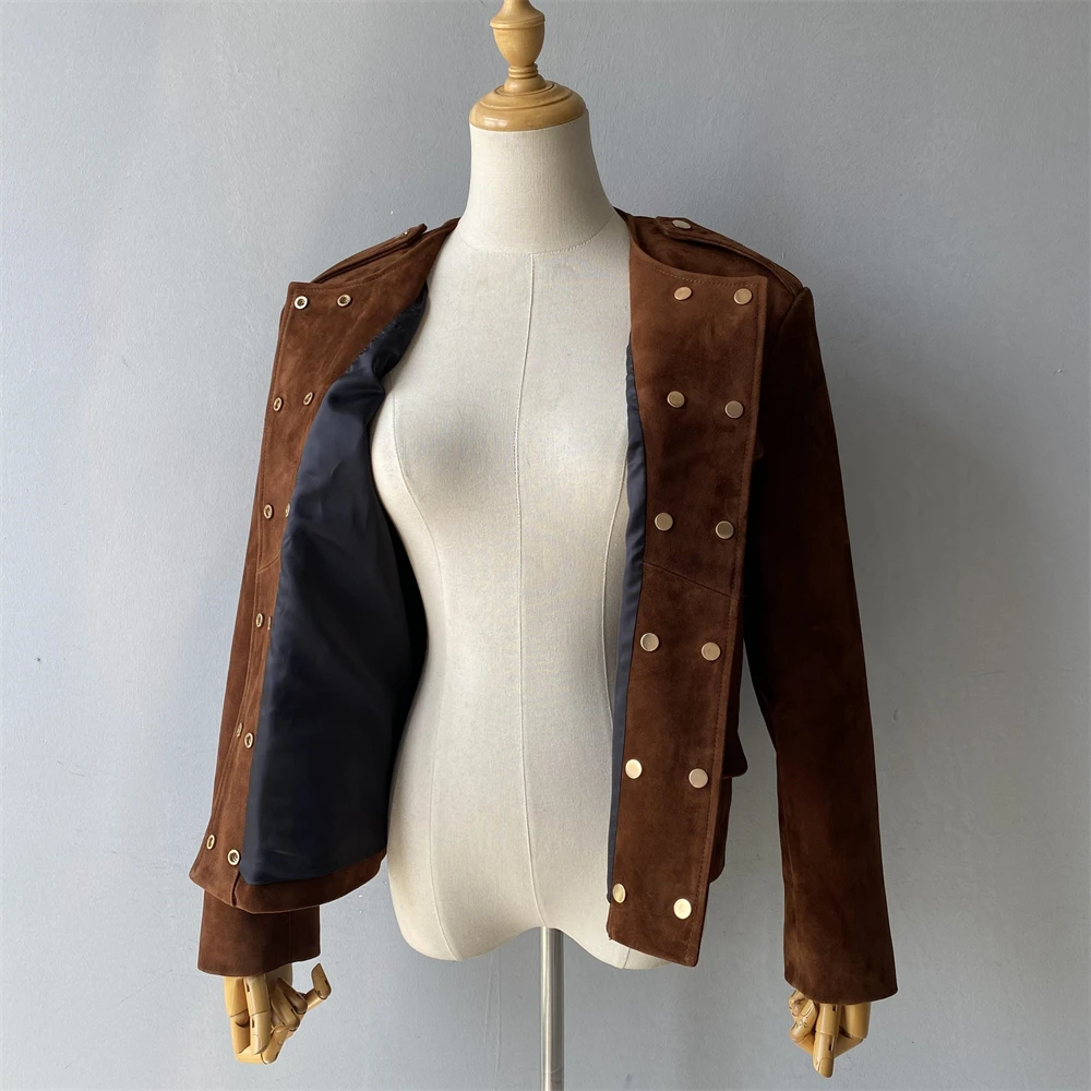 معطف شتوي نسائي من Luxyonuo سترة جلدية من جلد الغزال الحقيقي مزدوجة الصدر معطف مقصوص من الجلد الطبيعي وصل حديثًا 2025