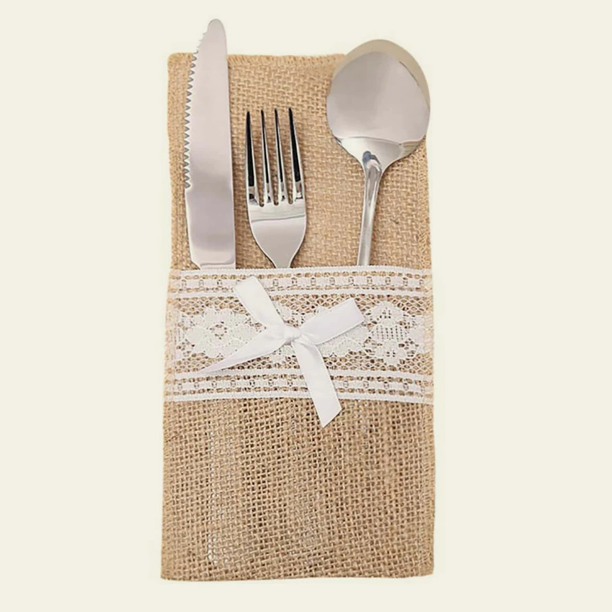 10pcs Wedding Party Linen Lace Knife And Fork Bag