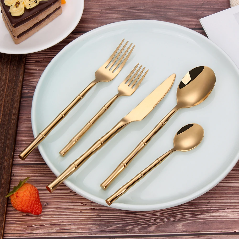 6/24/30Pcs Stainless Steel 304 Tableware Gold Cutlery Set Western Bamboo Shaped Handle Knife Fork Spoon Mirror Dinner Set