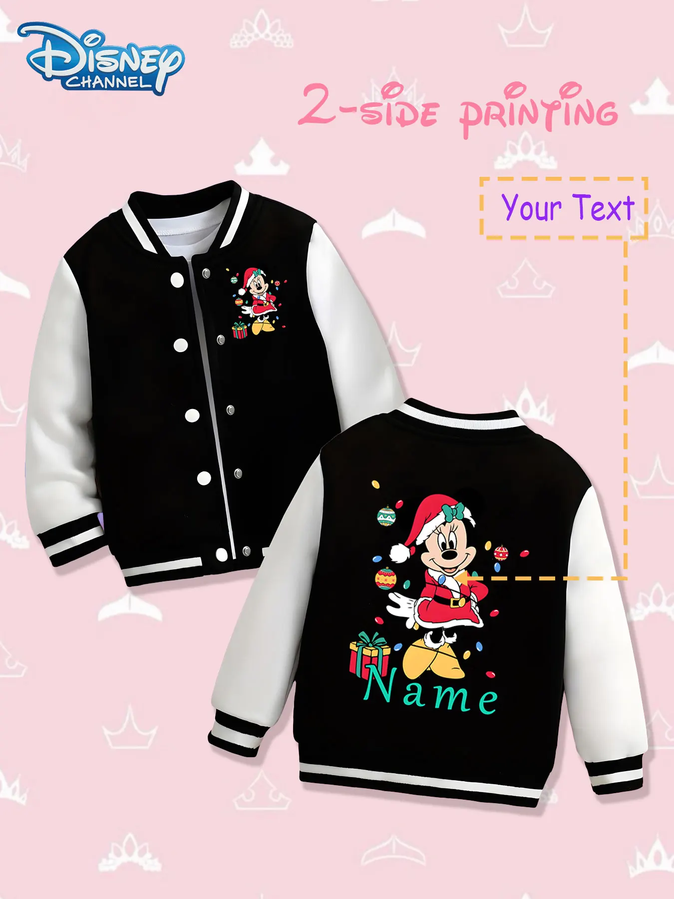 

MINISO Disney Christmas Minnie Girls Baseball Jacket - Double-sided Christmas theme print, warm and cute in autumn and winter, s