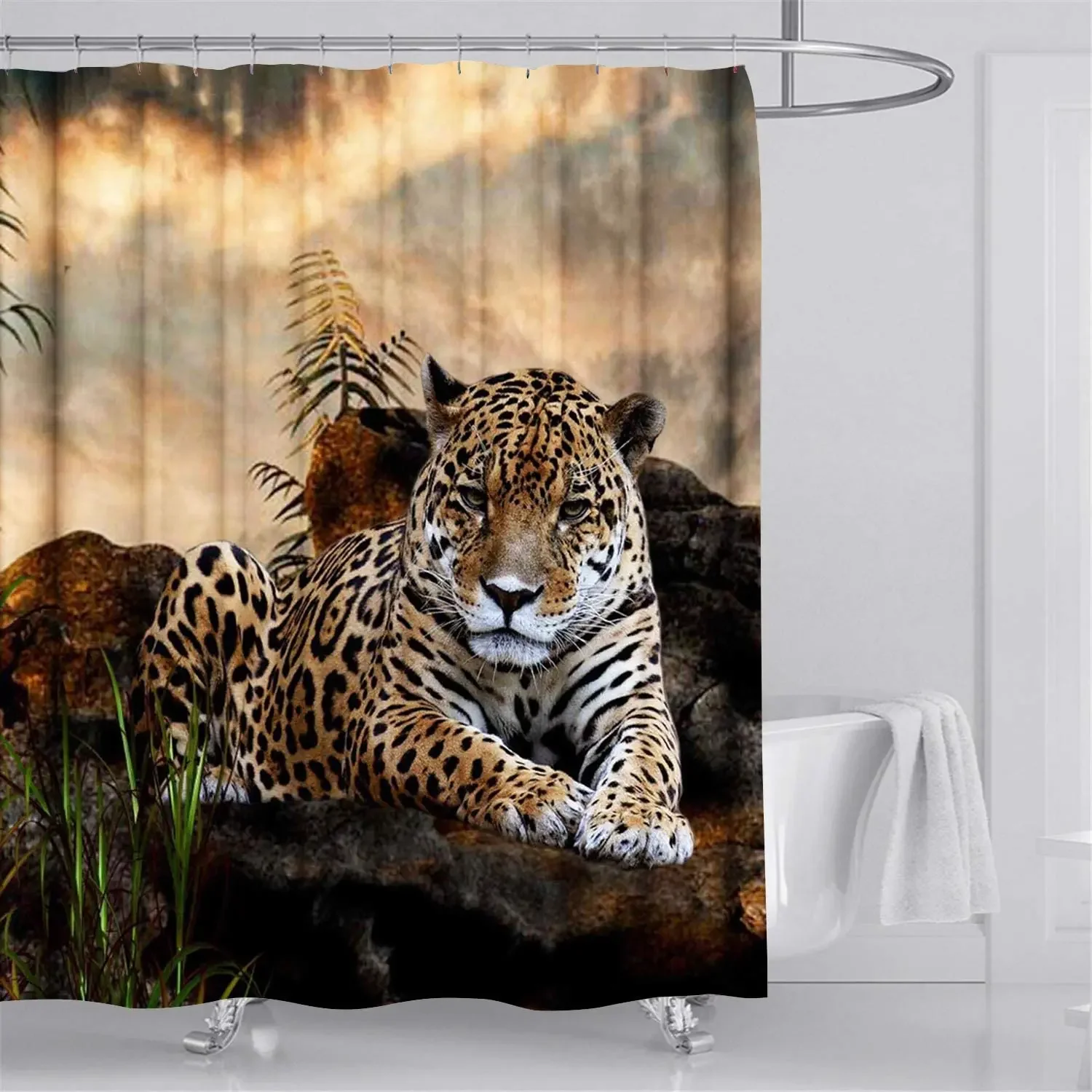 African Safari Wildlife Animal Leopard Fabric Shower Curtain Sets Bathroom Décor