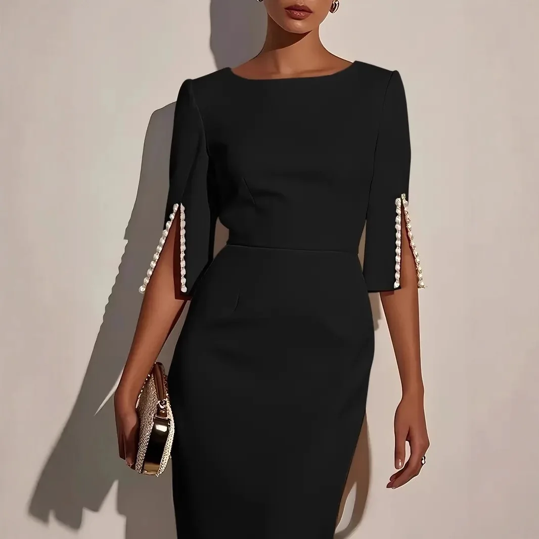 

Women's Solid Color Slim Fitting Elegant Versatile Round Neck Half Sleeved Pearl Decoration Commuting Spring Summer Dress