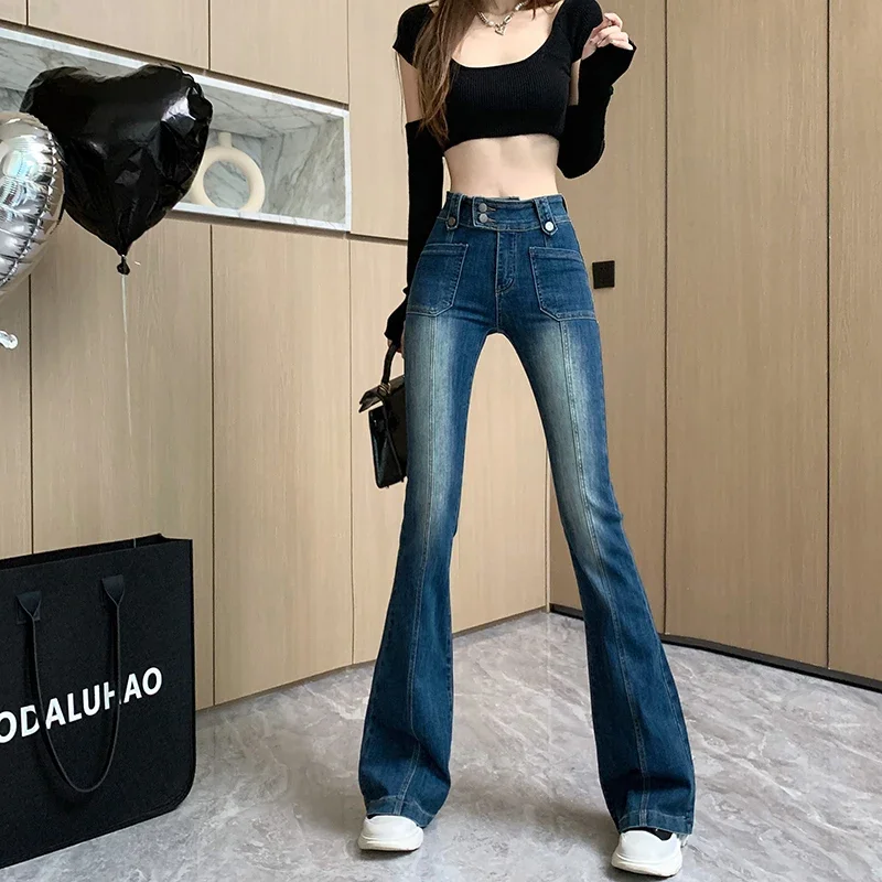 Ladies Vintage High Waisted Jeans Woman Streetwear Lim-Fit Denim Trousers Girls Casual Denim Bell-bottoms Female Pants VAL6902A