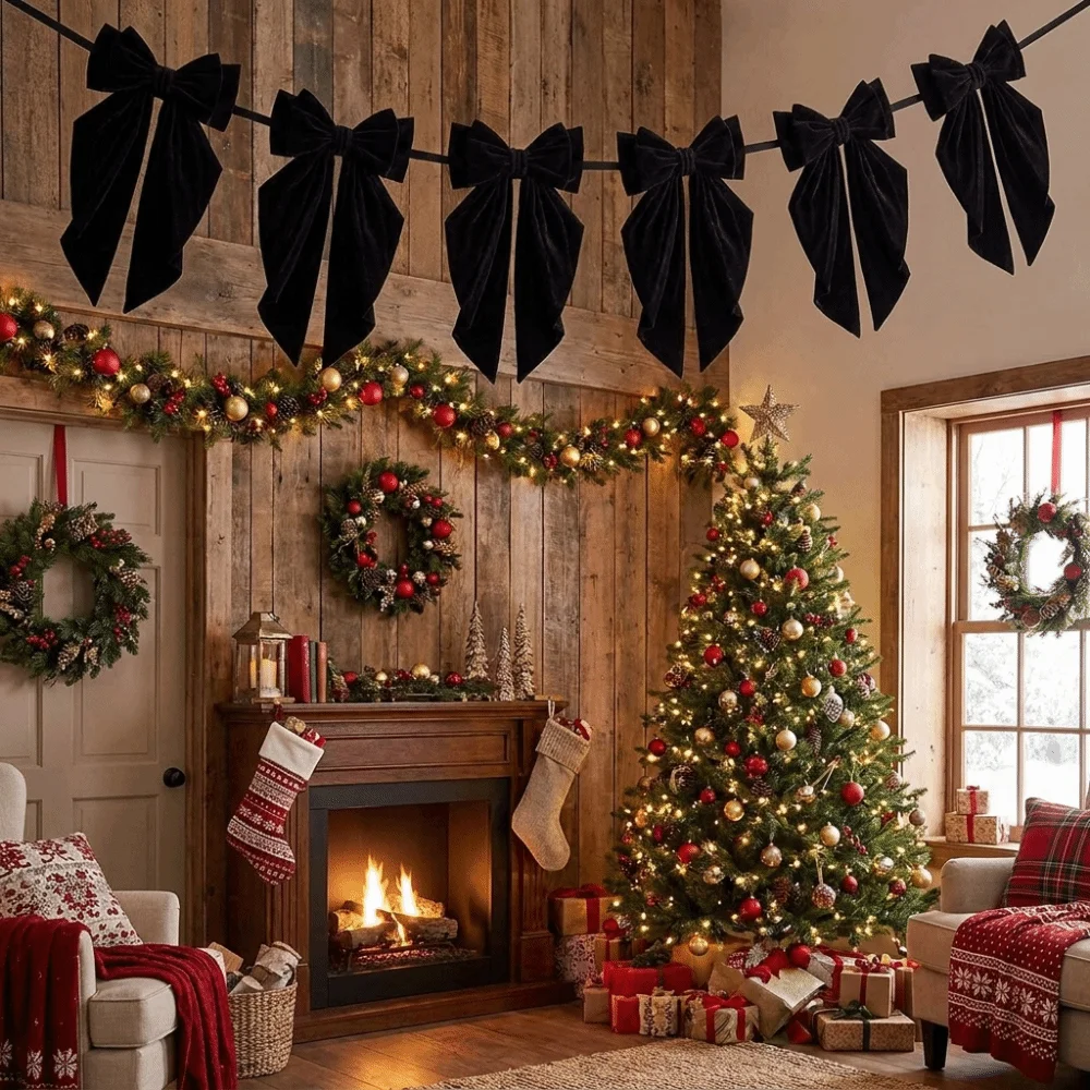 Soft Christmas Bow Garland Reusable Handmade Hanging Bow Decoration Multi-functional Widely Use Red Bow Banner Mantle