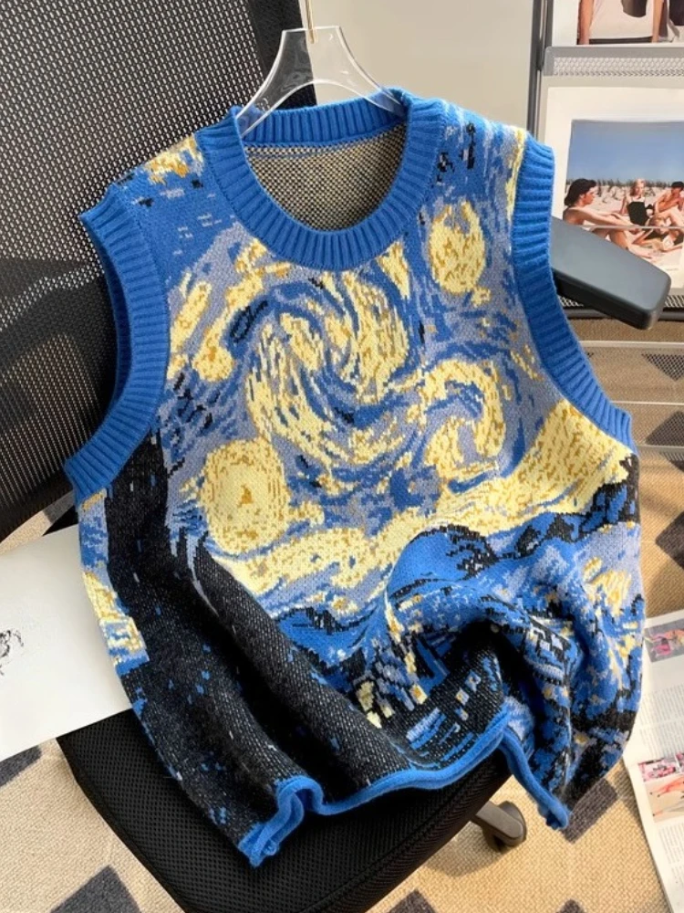 

Fashion Vintage Lazy Style Pullovers Sleeveless Jacquard Contrast Color All Match Sweater Vest 2025 New Knit Tops Women Clothing