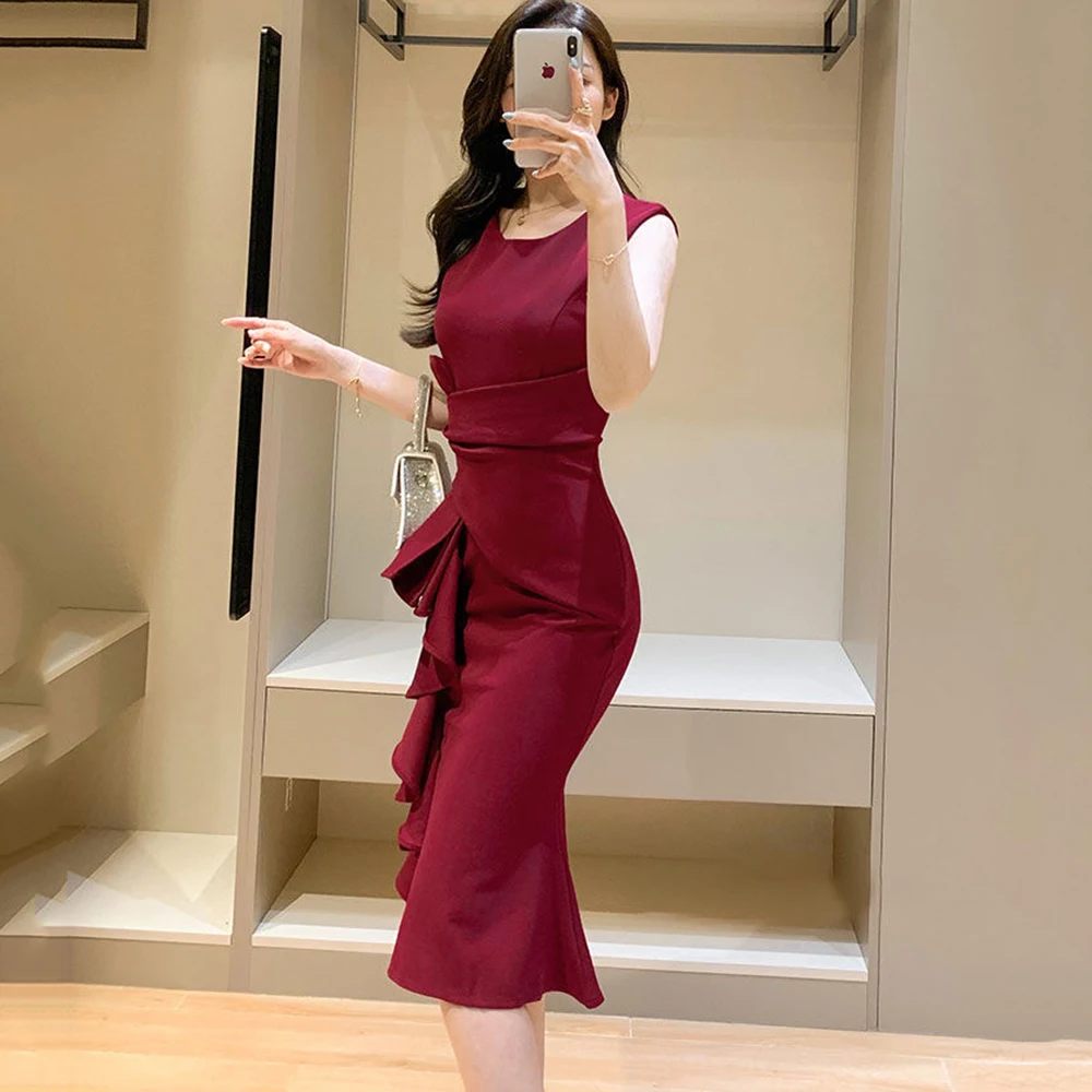 Summer New Fashion Korean Style Sleeveless White Dress Women Elegant Office Ladies Ruffle Solid O-neck Slim Fish Tail Long Dress