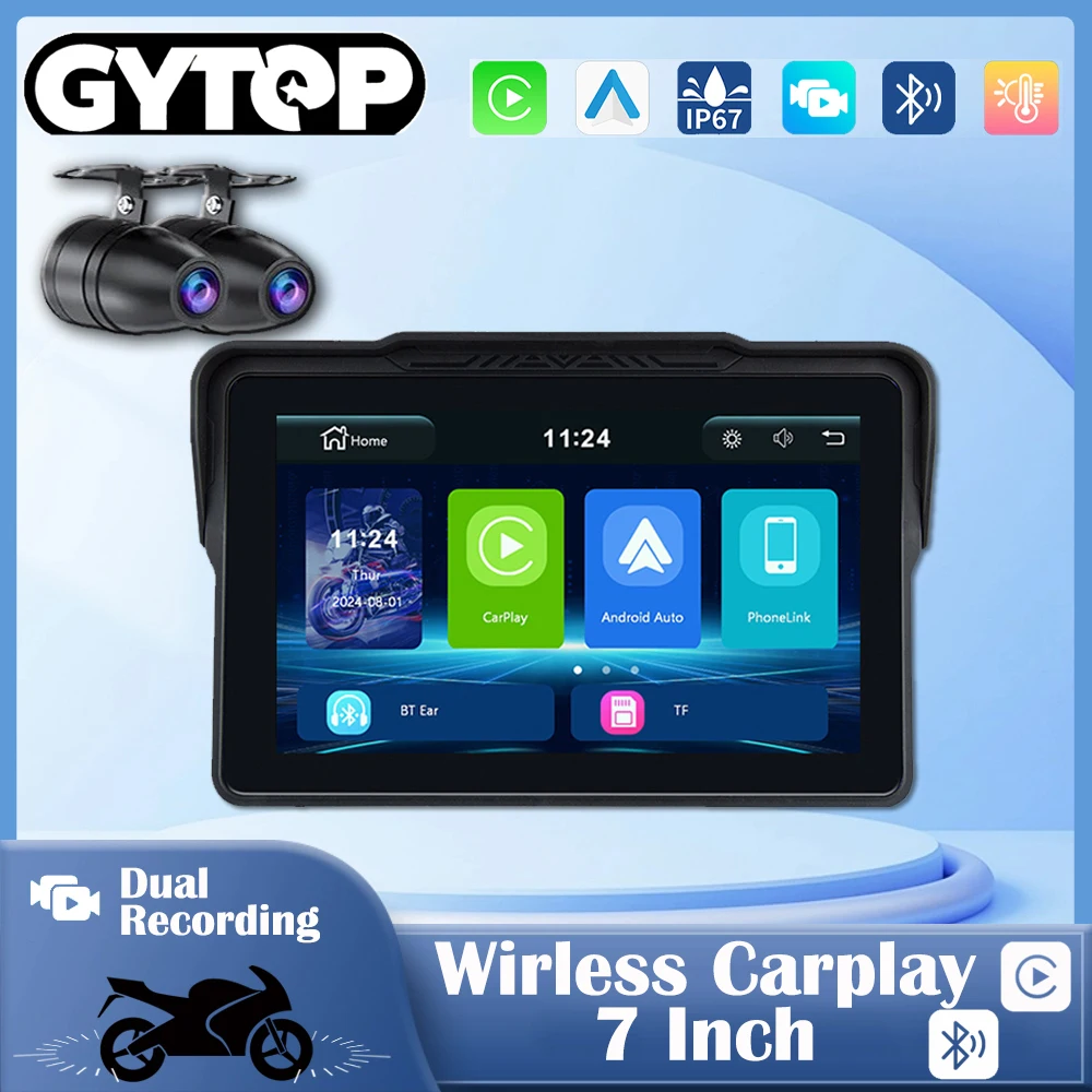 7 inch Motorcycle GPS 2025 Dual Cameras DVR Monitor Wireless Carplay Android Auto 5inch IPX7 NYX MTC4