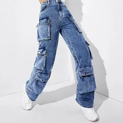 Wide Leg Multiple Pockets Jeans Women Cargo Denim Pants Y2k Streetwear Patchwork Stretch Straight Jeans