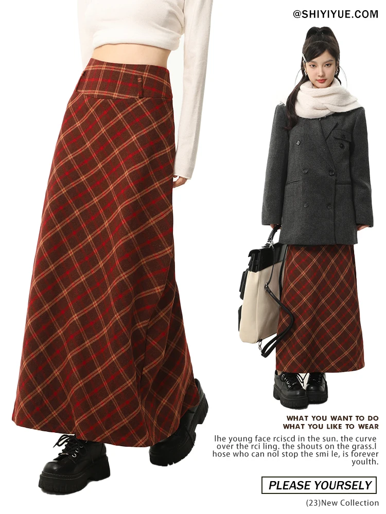November American Retro Red Plaid High Waist A-Line Woolen  Skirt Spring Autumn Small Size Straight Cut Long Skirt