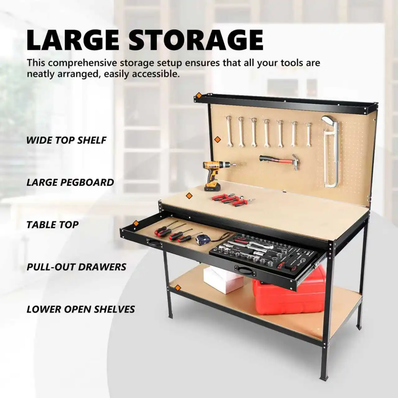 63'' Garage Workbench, 300 Lbs Load Capacity, Heavy Duty Work Bench, Workbench With Pegboard Drawer Backplate Metal