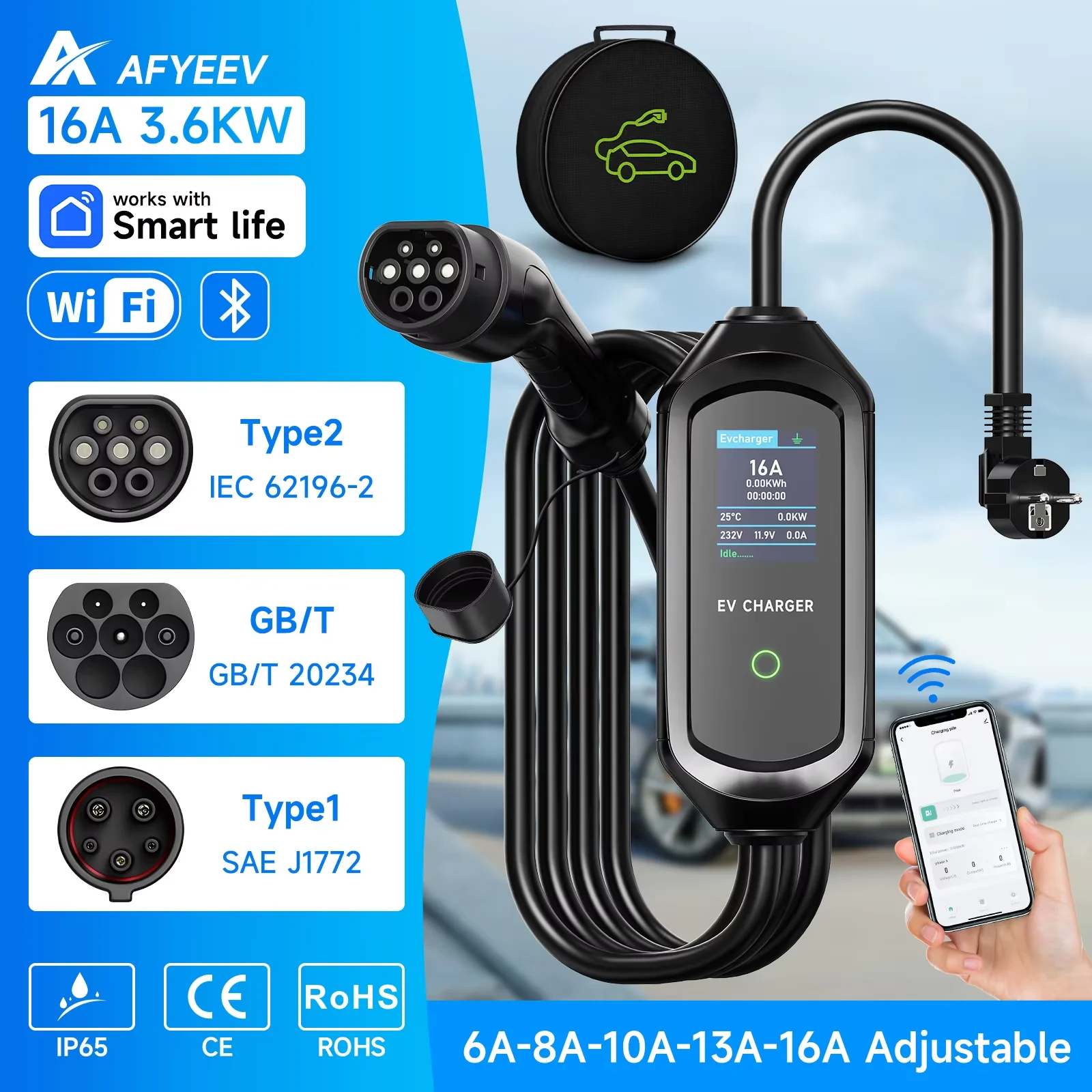 AFYEEV 3600W Portable Type2 IEC62196-2 EV Charger Type1 SAE J1772 Electric Car Charger GBT EVSE Charging Cable Wallbox EU Plug