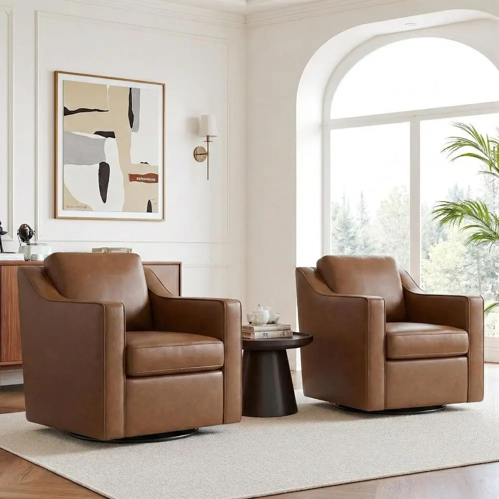 

Pair of 360° Swivel Upholstered Club Chairs for Living Room, Comfortable Leatherette Armchairs with Deep Seats and Metal Bases