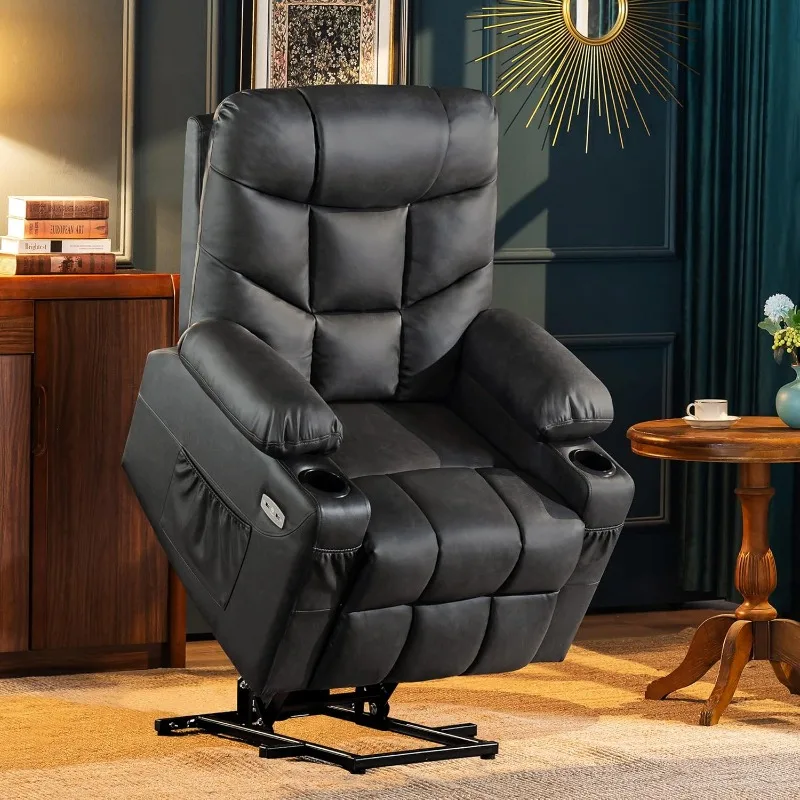 MCombo Power Lift Recliner Chair, 2 Cup Holders, USB Ports for Elderly People, Faux Leather 7288 (Grey, Medium-Regular)